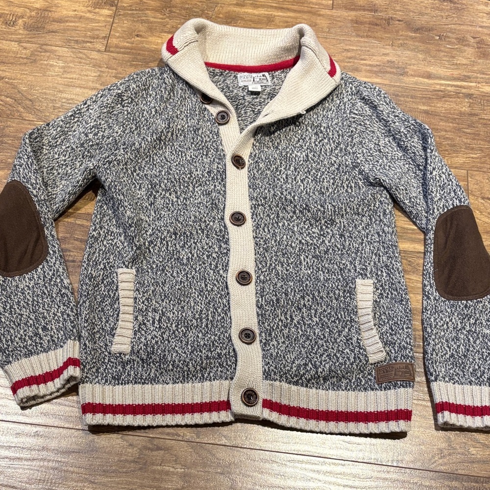 Roots Cabin Gray and Cream Knit Sweater with elbow pads